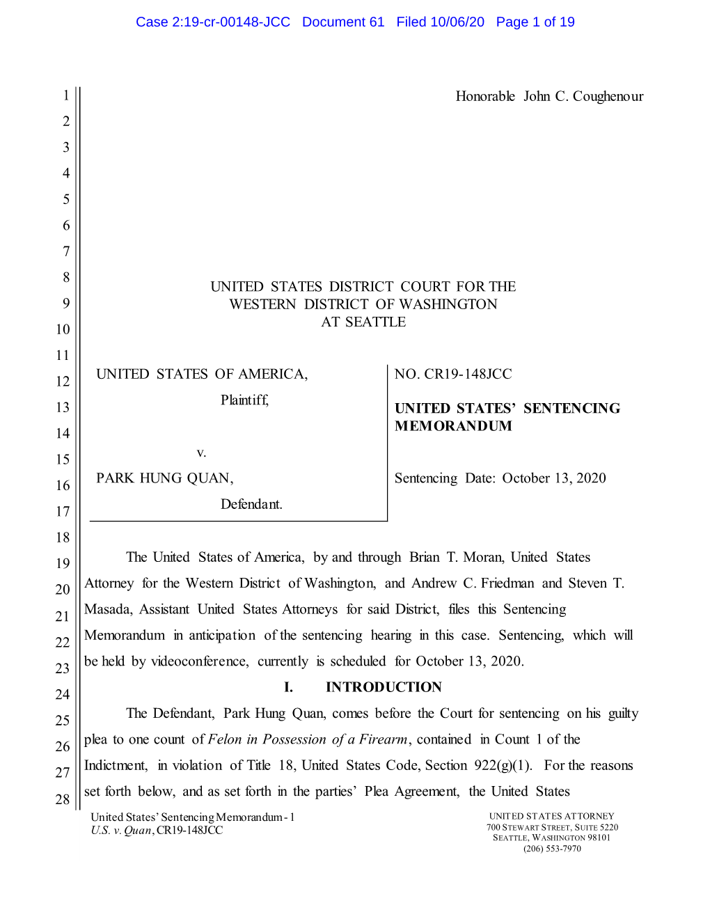 Case 2:19-Cr-00148-JCC Document 61 Filed 10/06/20 Page 1 of 19