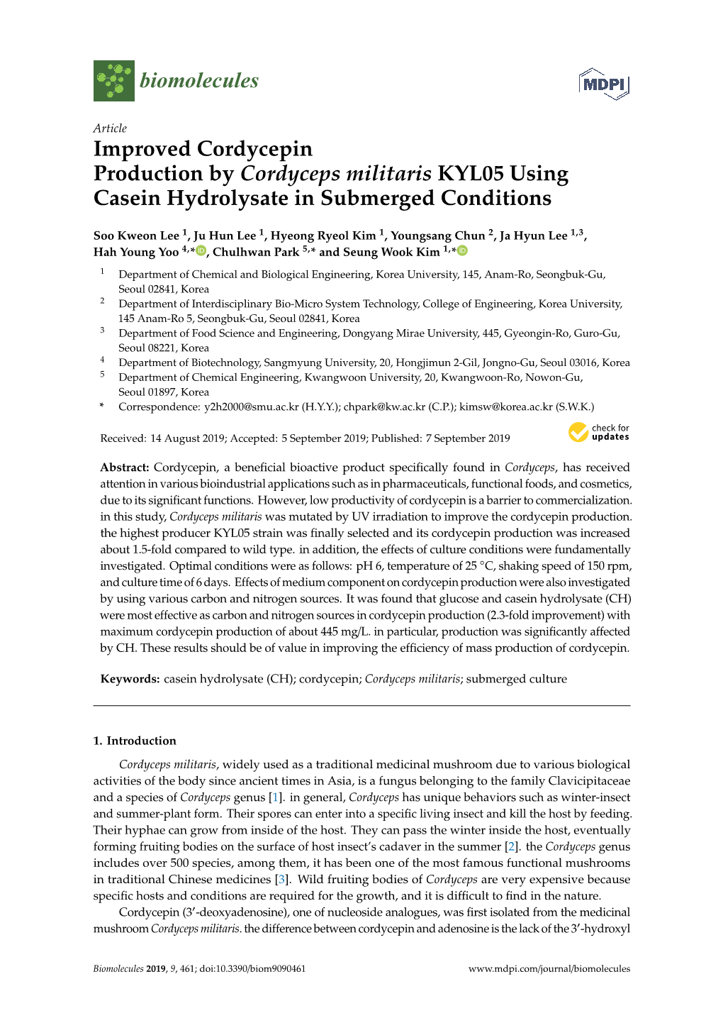 Improved Cordycepin Production by Cordyceps Militaris KYL05 Using Casein Hydrolysate in Submerged Conditions