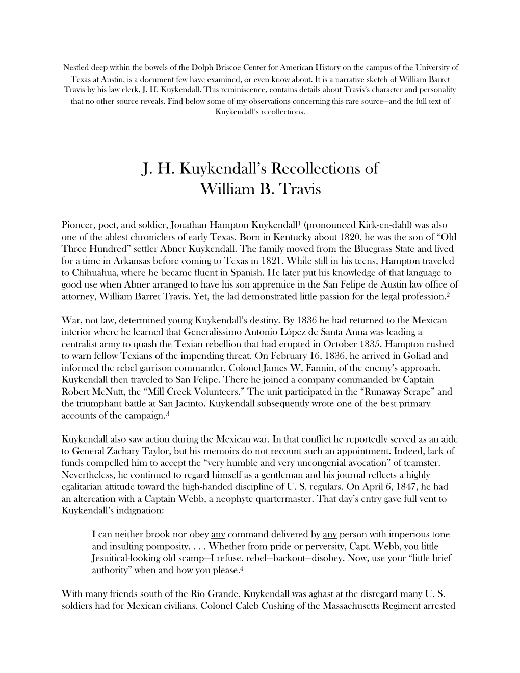 J. H. Kuykendall's Recollections of William B. Travis