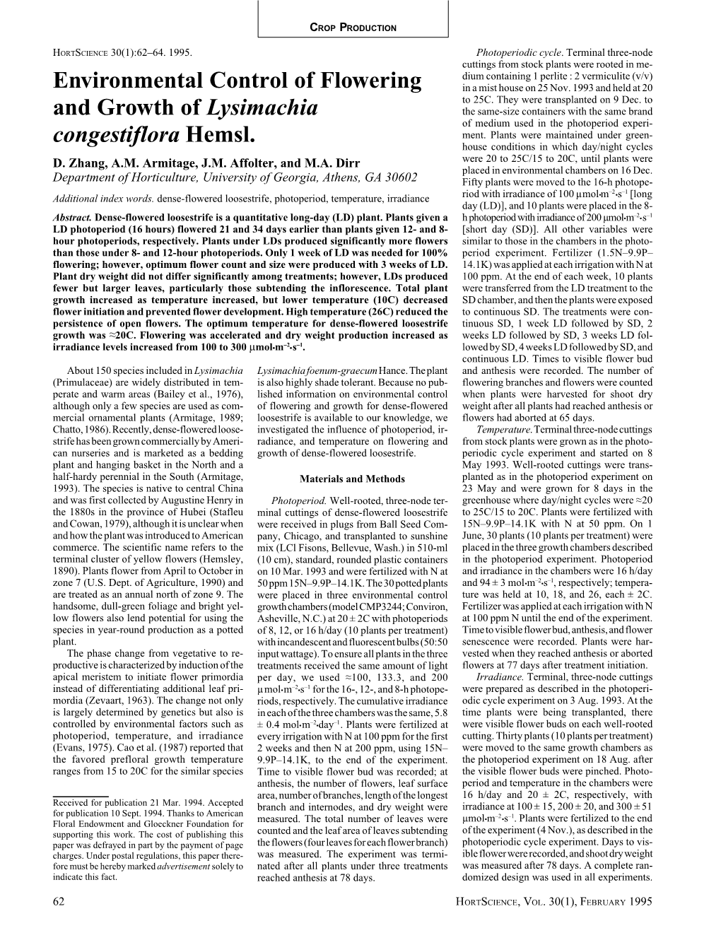 Environmental Control of Flowering and Growth of Lysimachia