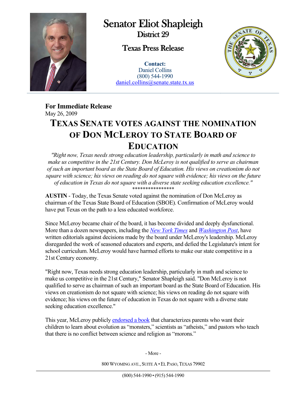 Texas Senate Votes Against the Nomination of Don Mcleroy to State