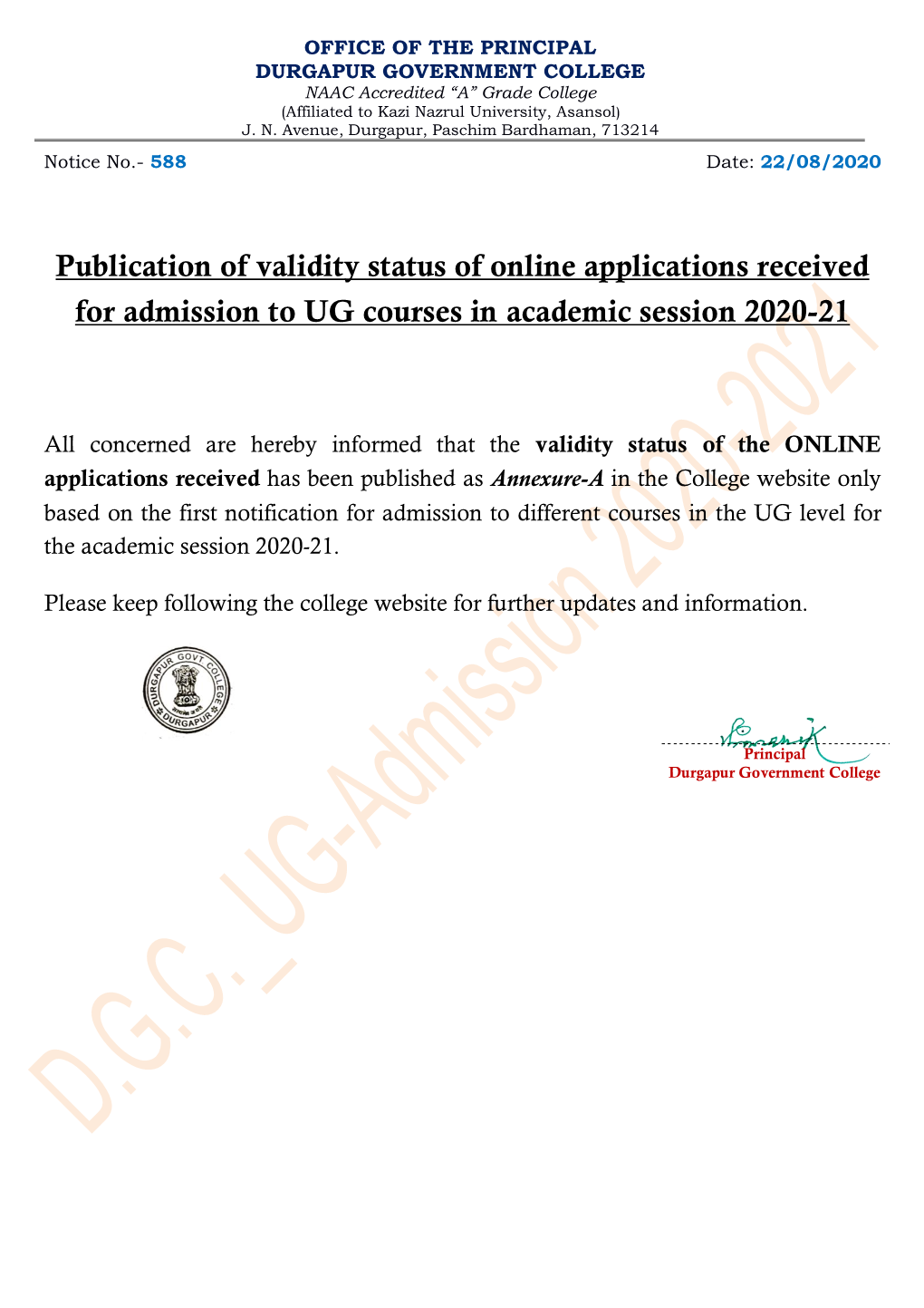 Publication of Validity Status of Online Applications Received for Admission to UG Courses in Academic Session 2020-21