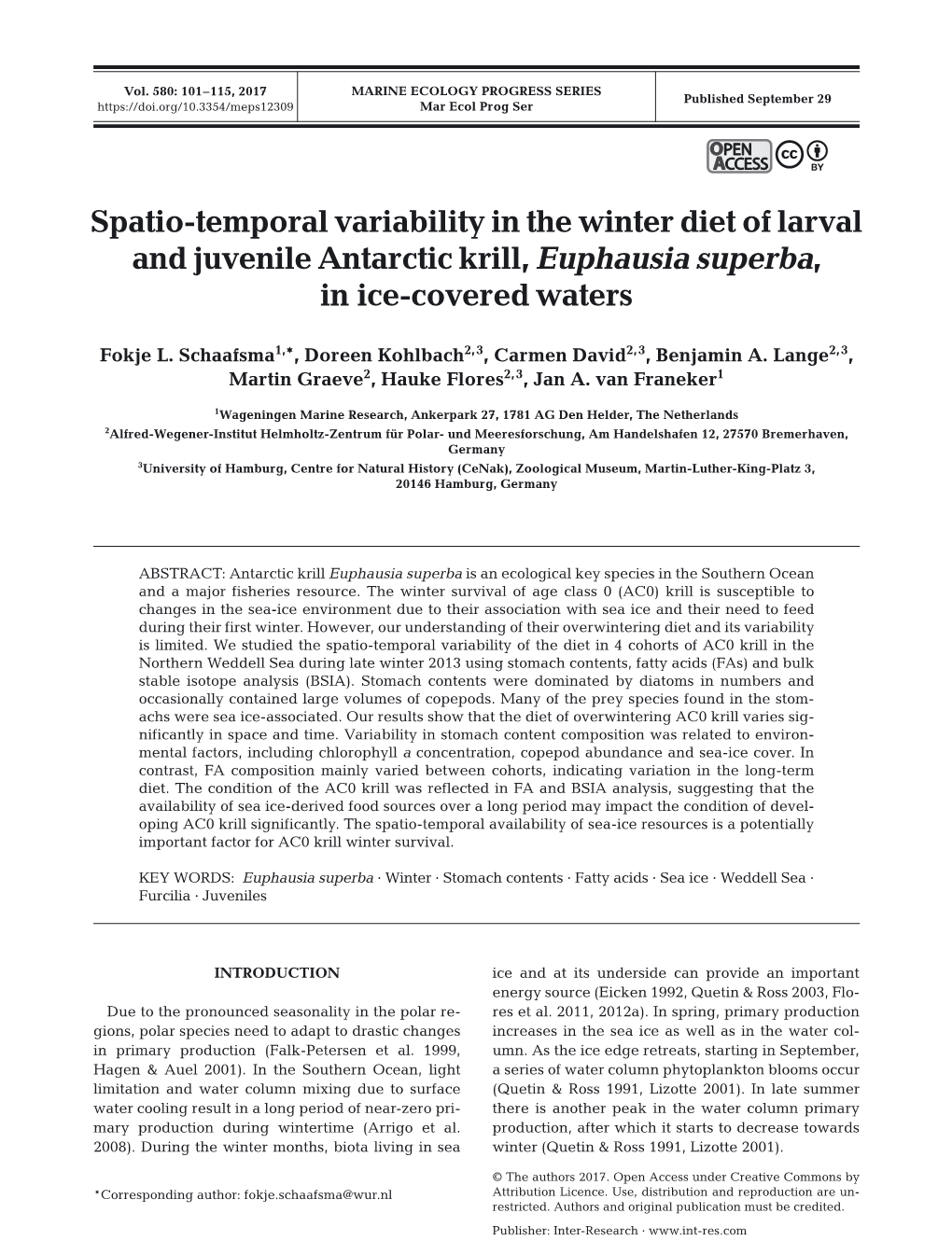 Spatio-Temporal Variability in the Winter Diet of Larval and Juvenile Antarctic Krill, Euphausia Superba, in Ice-Covered Waters