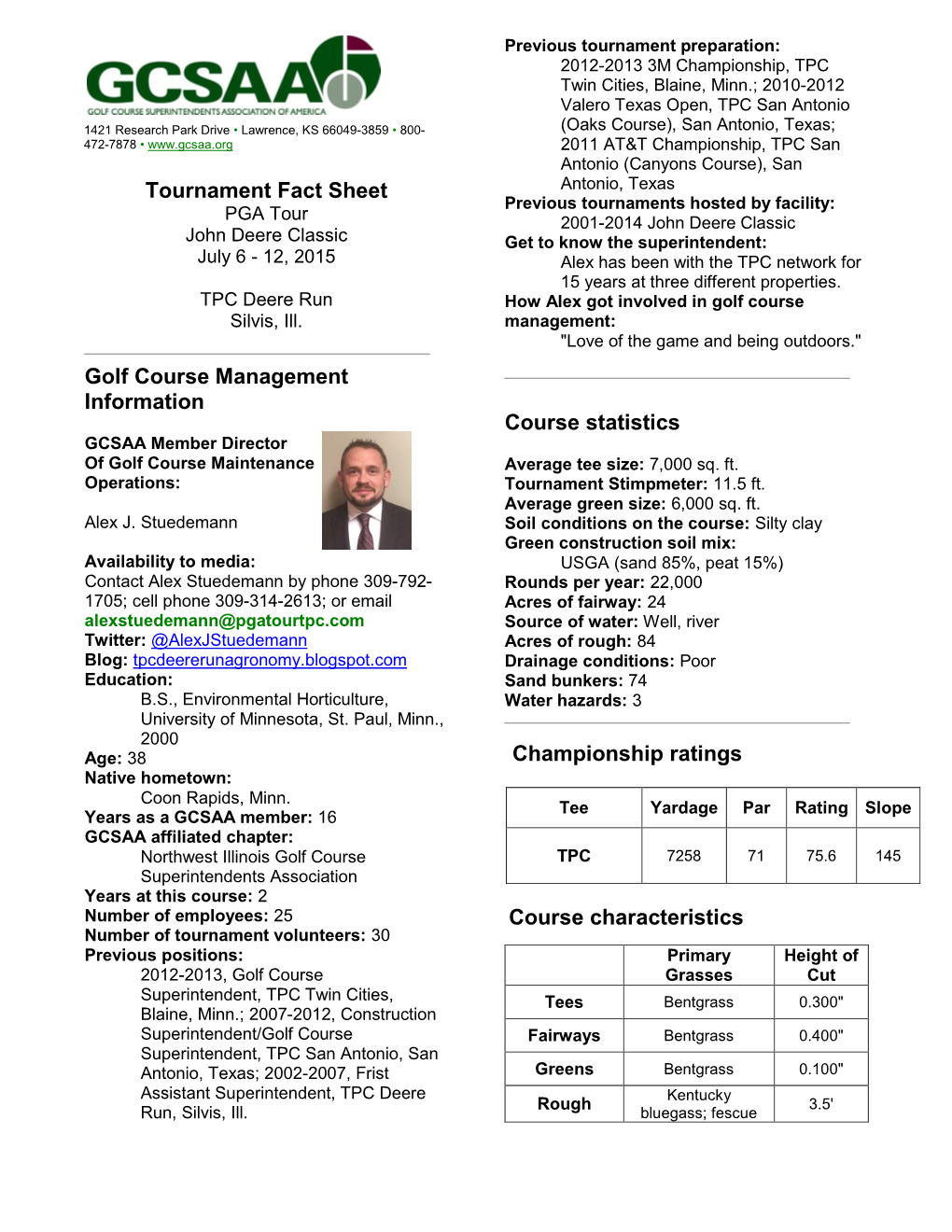 Tournament Fact Sheet Golf Course Management Information Course