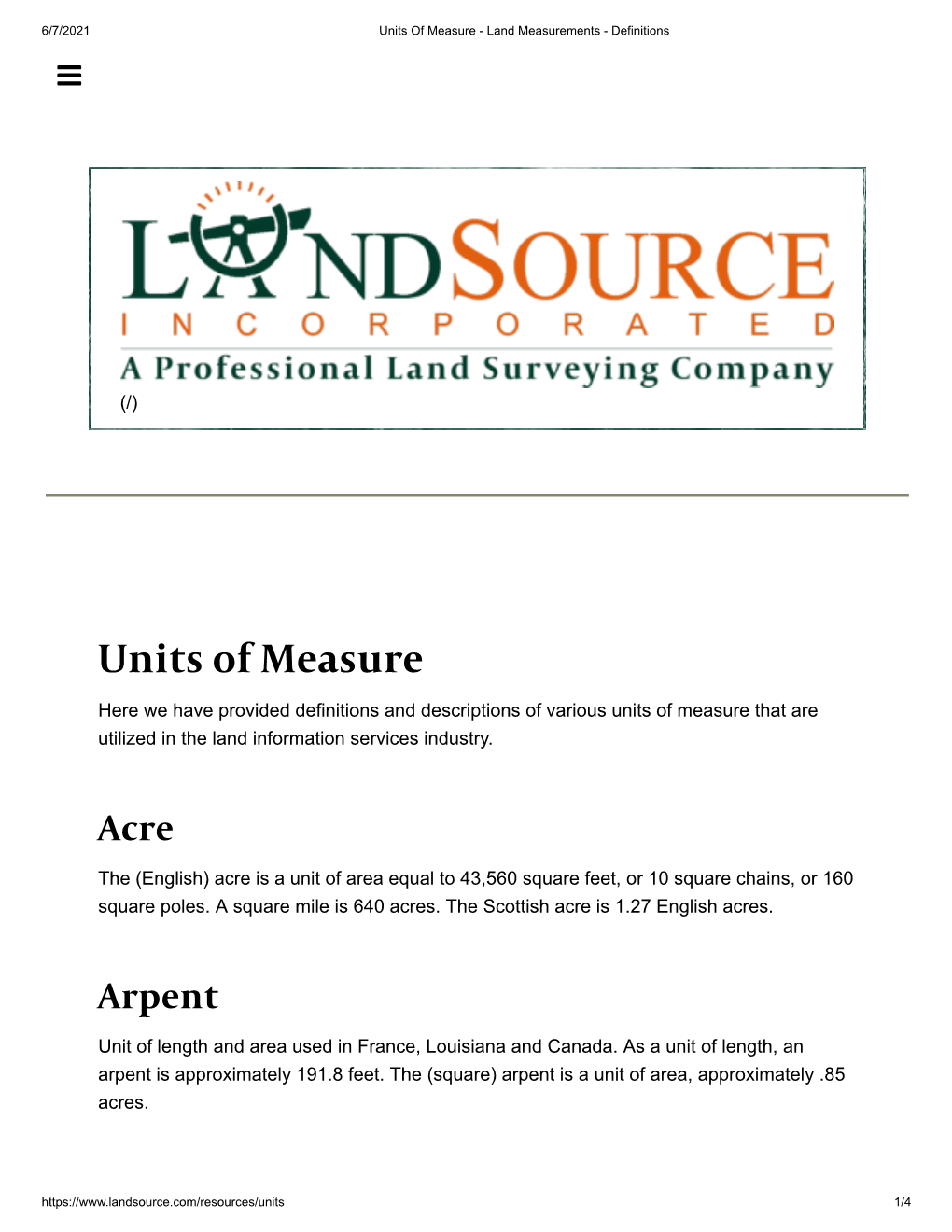 Units of Measure - Land Measurements - Definitions 