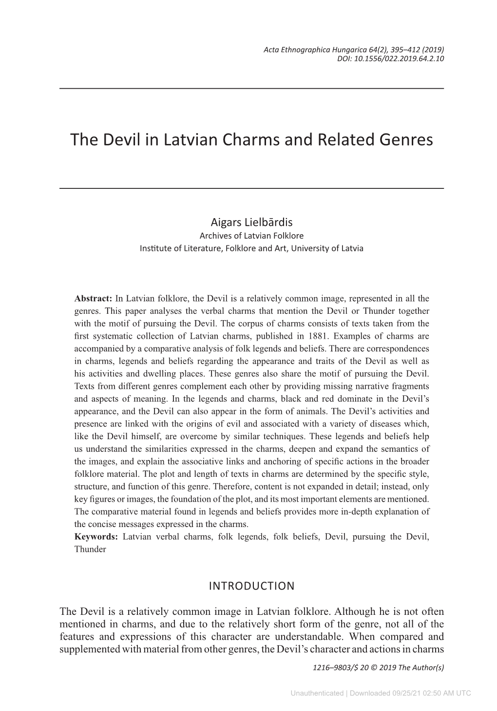 The Devil in Latvian Charms and Related Genres