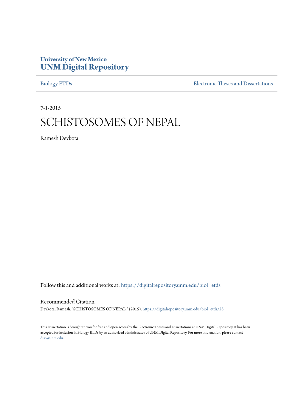 SCHISTOSOMES of NEPAL Ramesh Devkota