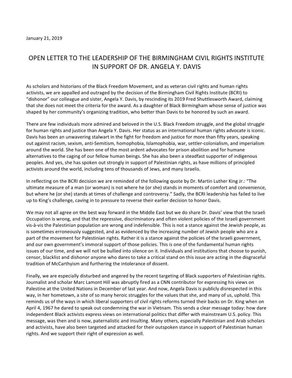 Open Letter to the Leadership of the Birmingham Civil Rights Institute in Support of Dr