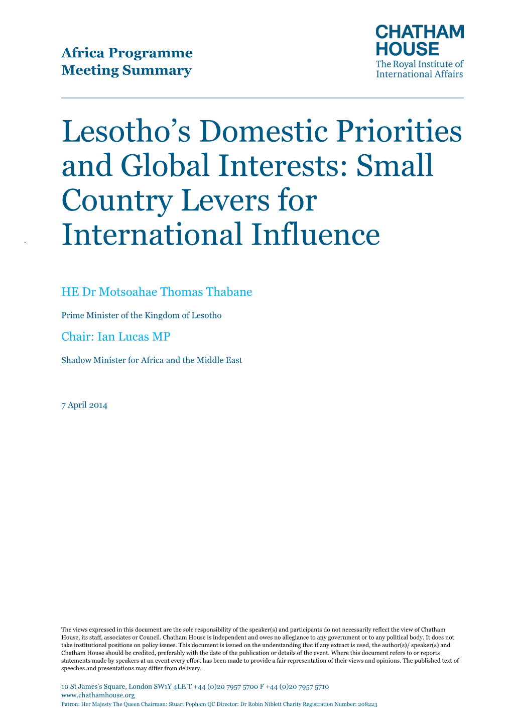 Lesotho's Domestic Priorities and Global Interests: Small Country