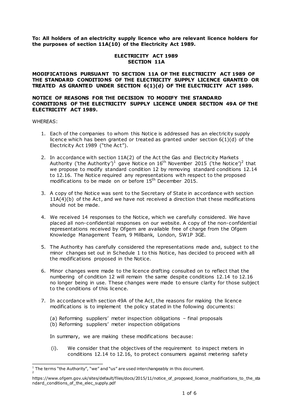 Notice of Licence Modifications to the Standard Conditions of the Electricity