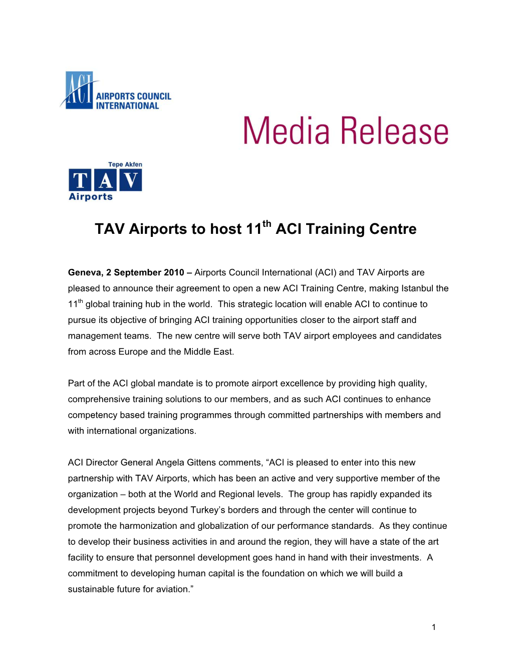 TAV Airports to Host 11 ACI Training Centre