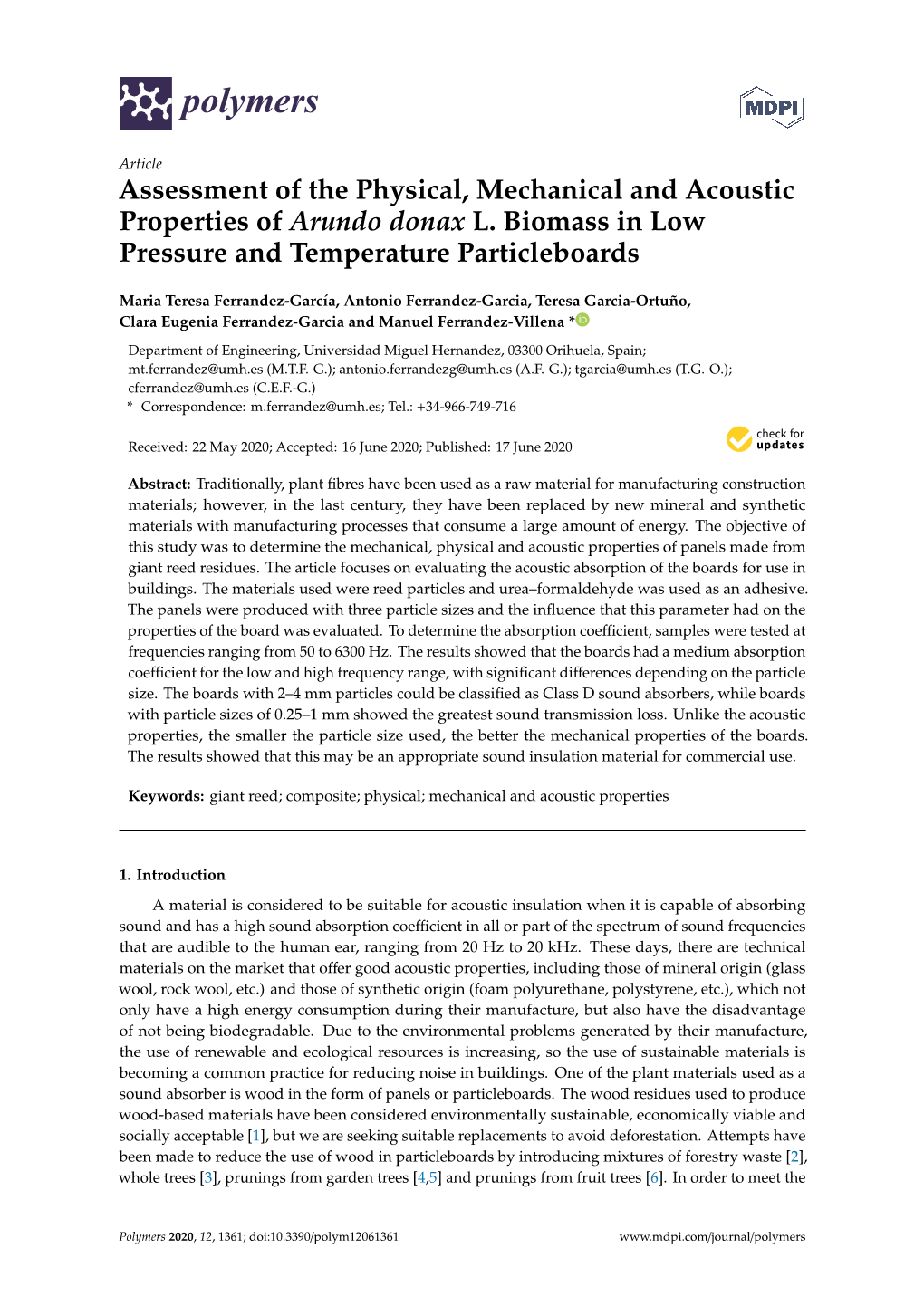 Assessment of the Physical, Mechanical and Acoustic Properties of Arundo Donax L