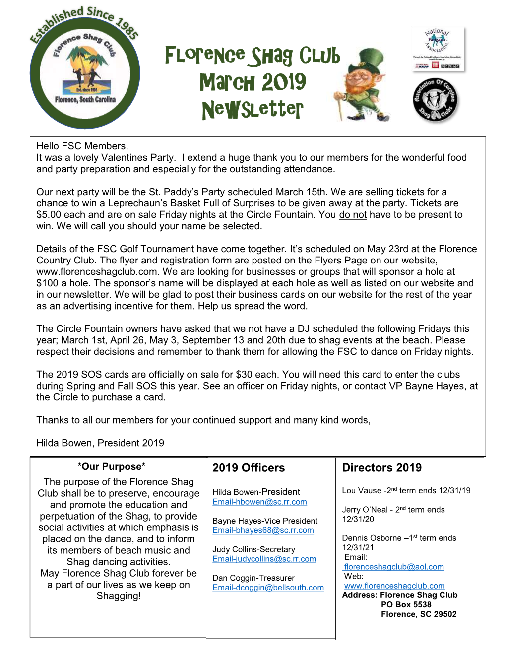 Florence Shag Club March 2019 Newsletter
