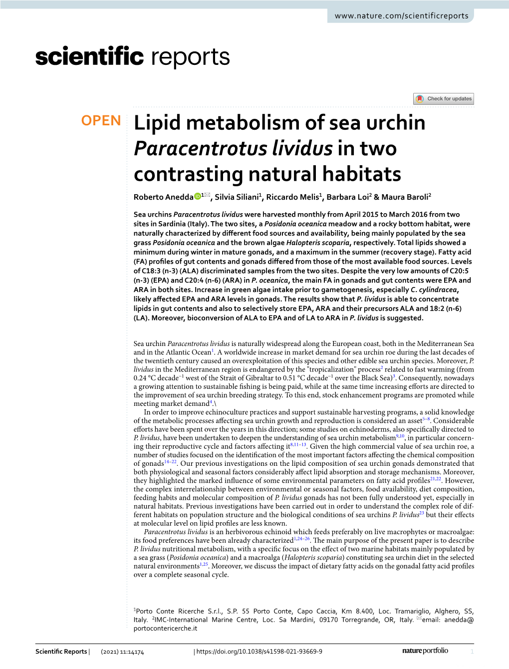 Lipid Metabolism of Sea Urchin Paracentrotus Lividus in Two