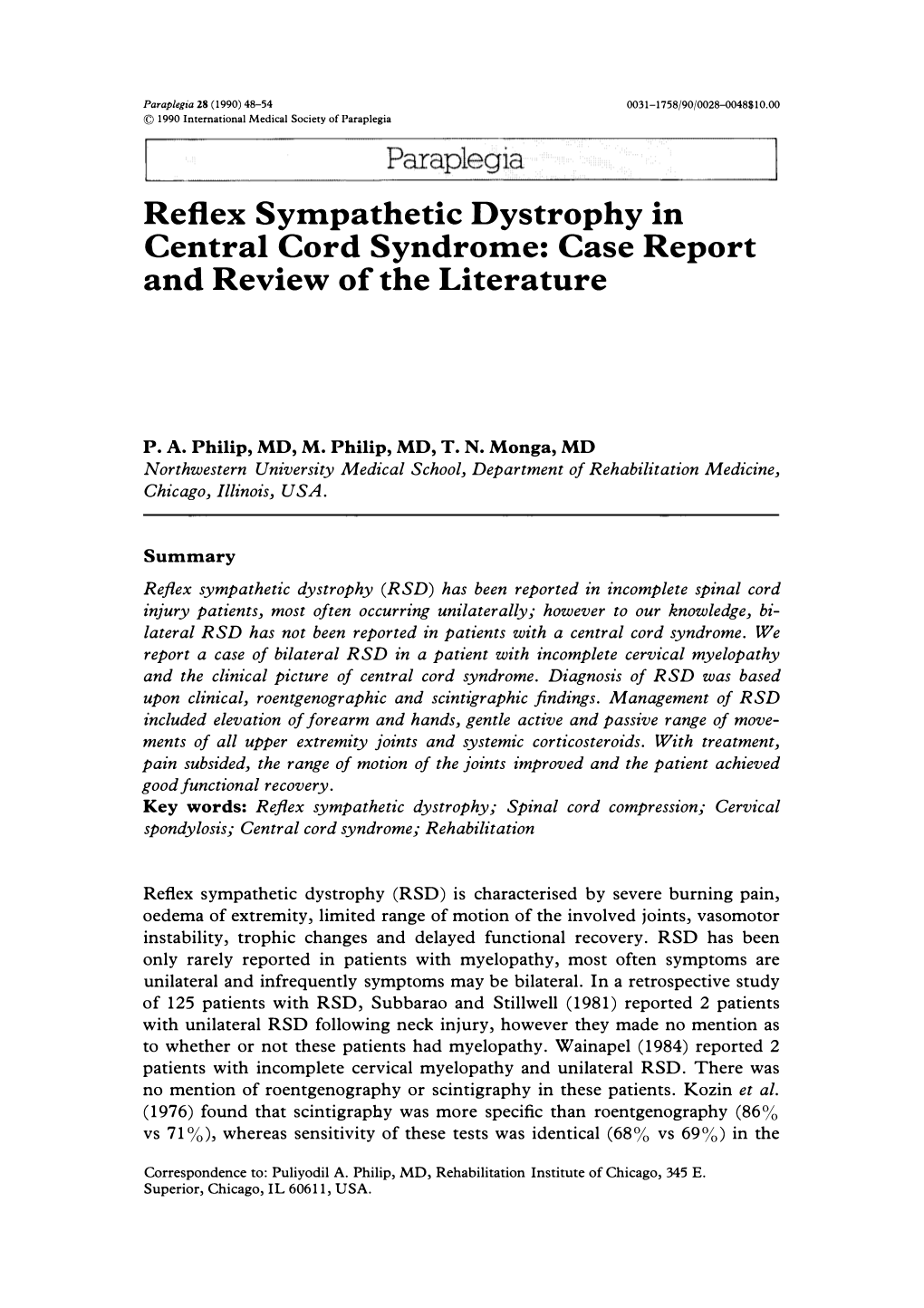 Reflex Sympathetic Dystrophy in Central Cord Syndrome: Case Report and Review of the Literature