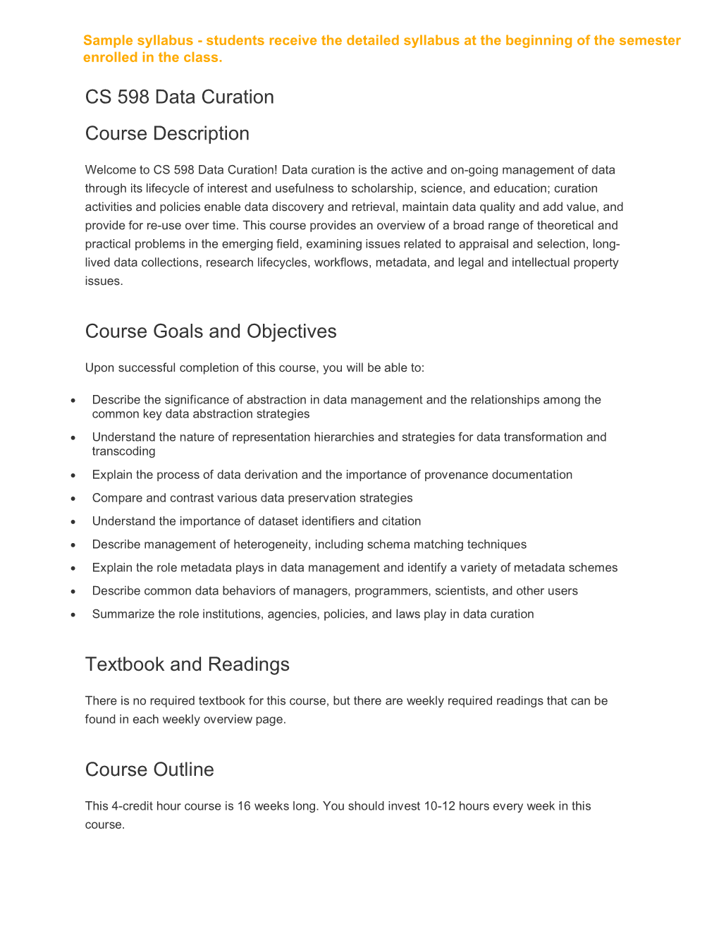 CS 598 Data Curation Course Description Course Goals And