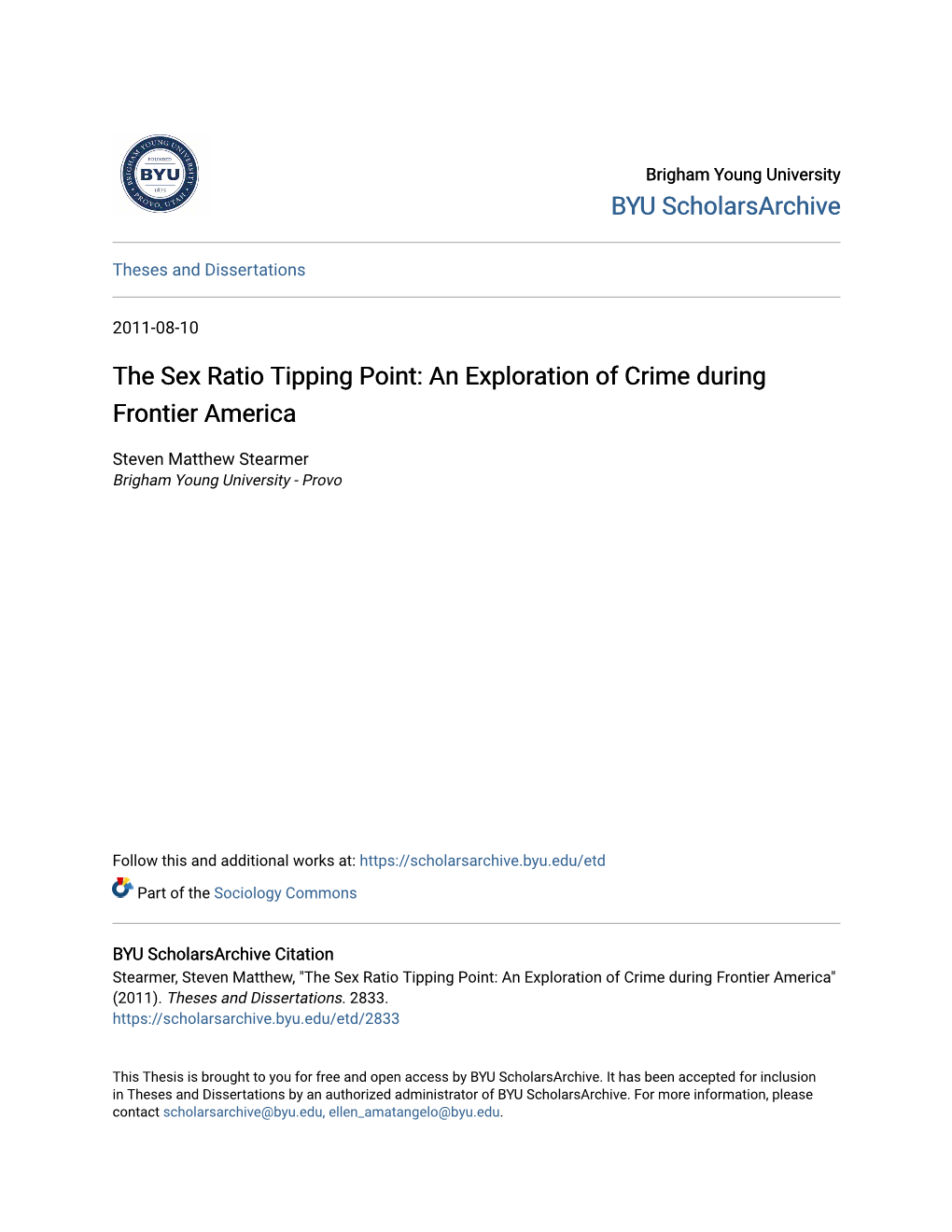 The Sex Ratio Tipping Point: an Exploration of Crime During Frontier America