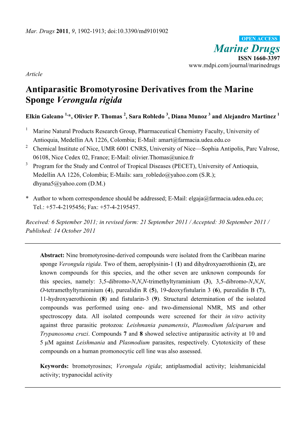 Antiparasitic Bromotyrosine Derivatives from the Marine Sponge Verongula Rigida