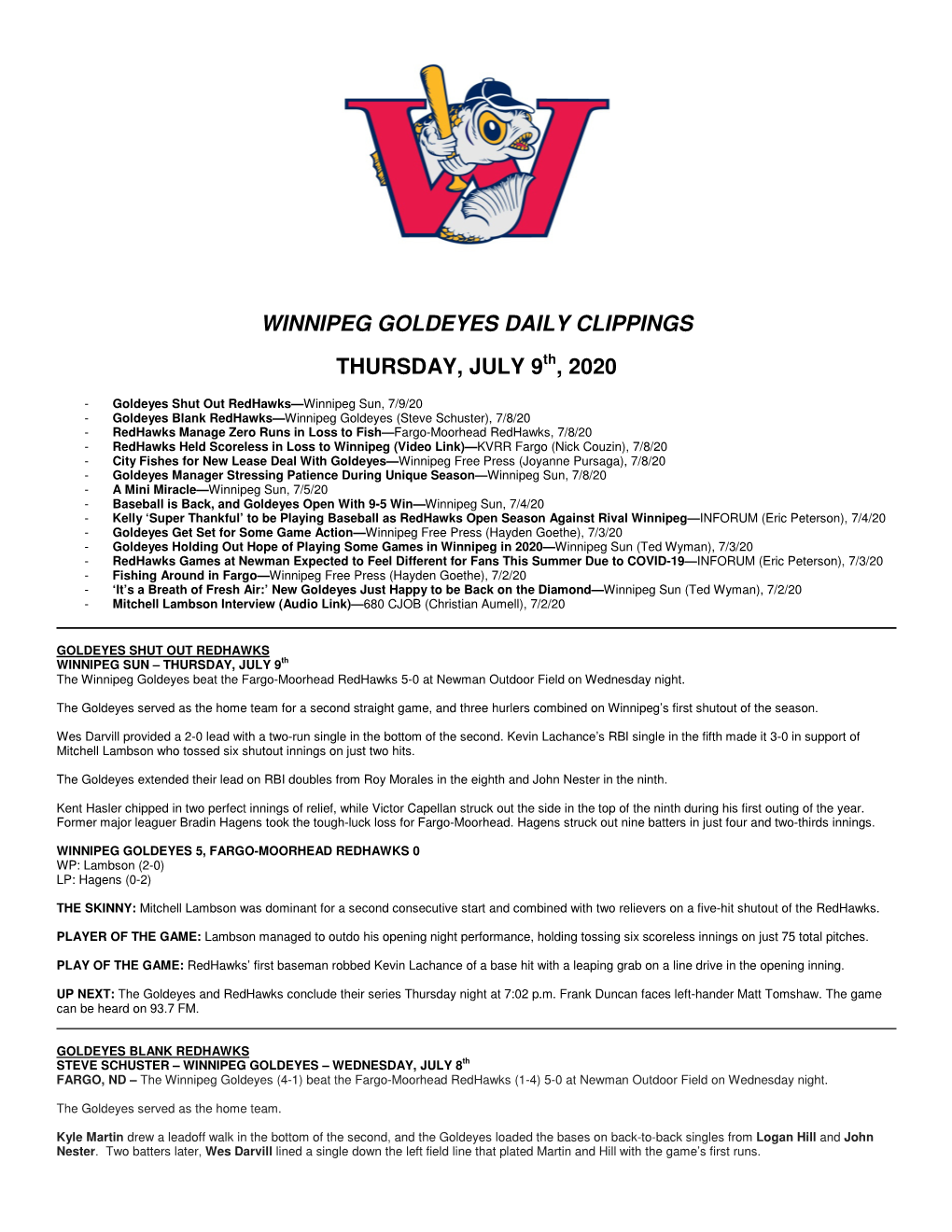 Winnipeg Goldeyes Daily Clippings Thursday, July 9