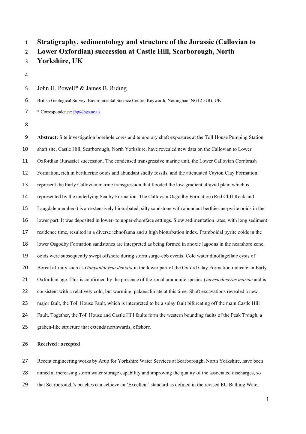 Stratigraphy, Sedimentology and Structure of the Jurassic (Callovian to 2 Lower Oxfordian) Succession at Castle Hill, Scarborough, North 3 Yorkshire, UK