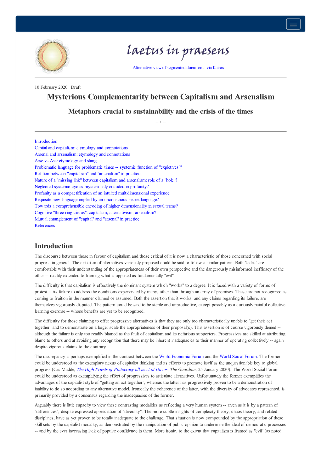 Mysterious Complementarity Between Capitalism and Arsenalism Metaphors Crucial to Sustainability and the Crisis of the Times -- /