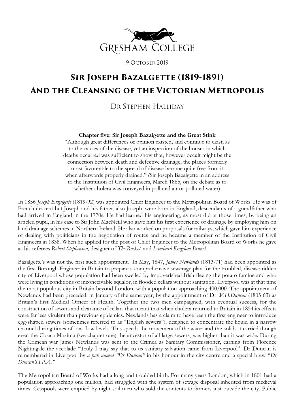 Sir Joseph Bazalgette (1819-1891) and the Cleansing of the Victorian Metropolis