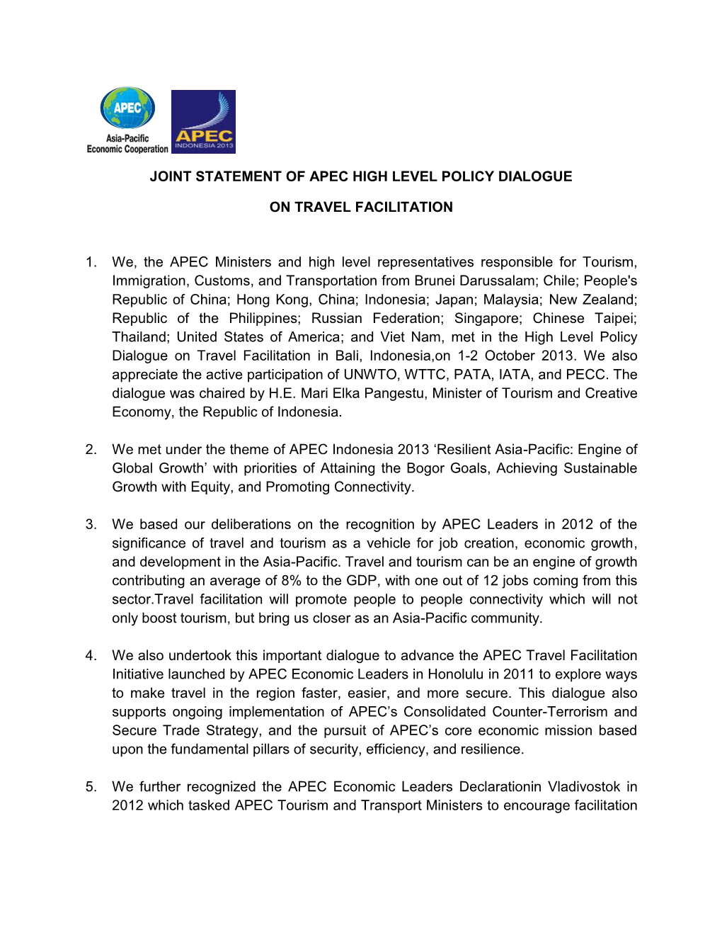 Joint Statement of Apec High Level Policy Dialogue On