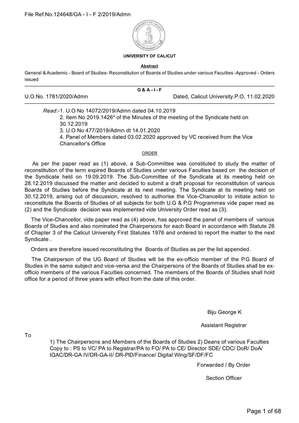 Reconstitution of Boards of Studies Under Various Faculties -Approved - Orders Issued