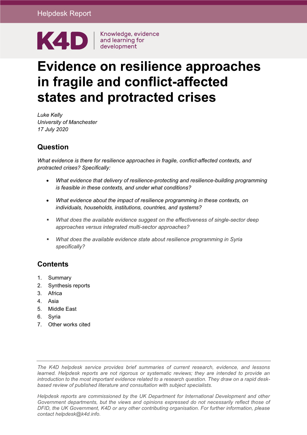 Evidence on Resilience Approaches in Fragile and Conflict-Affected States and Protracted Crises