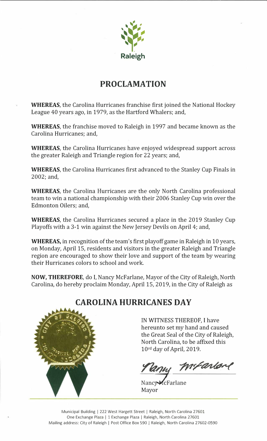 Carolina Hurricanes Day Proclamation