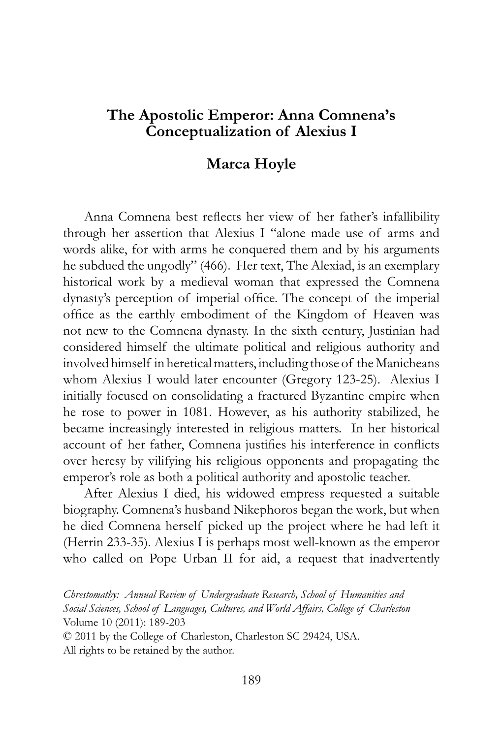 Anna Comnena's Conceptualization of Alexius I Marca Hoyle