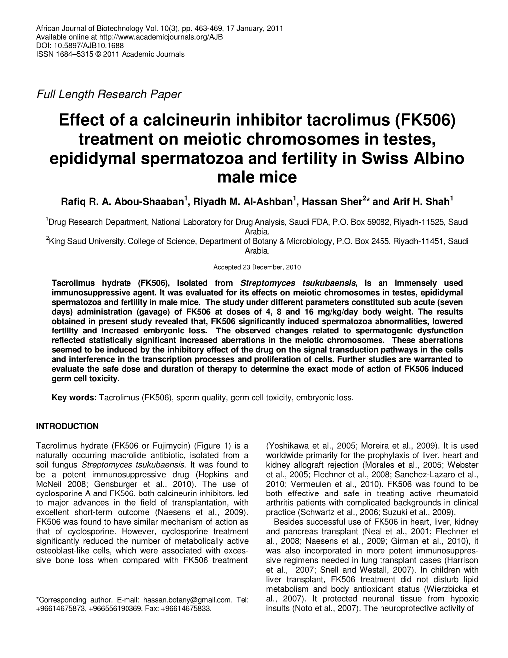 Treatment on Meiotic Chromosomes in Testes, Epididymal Spermatozoa and Fertility in Swiss Albino Male Mice