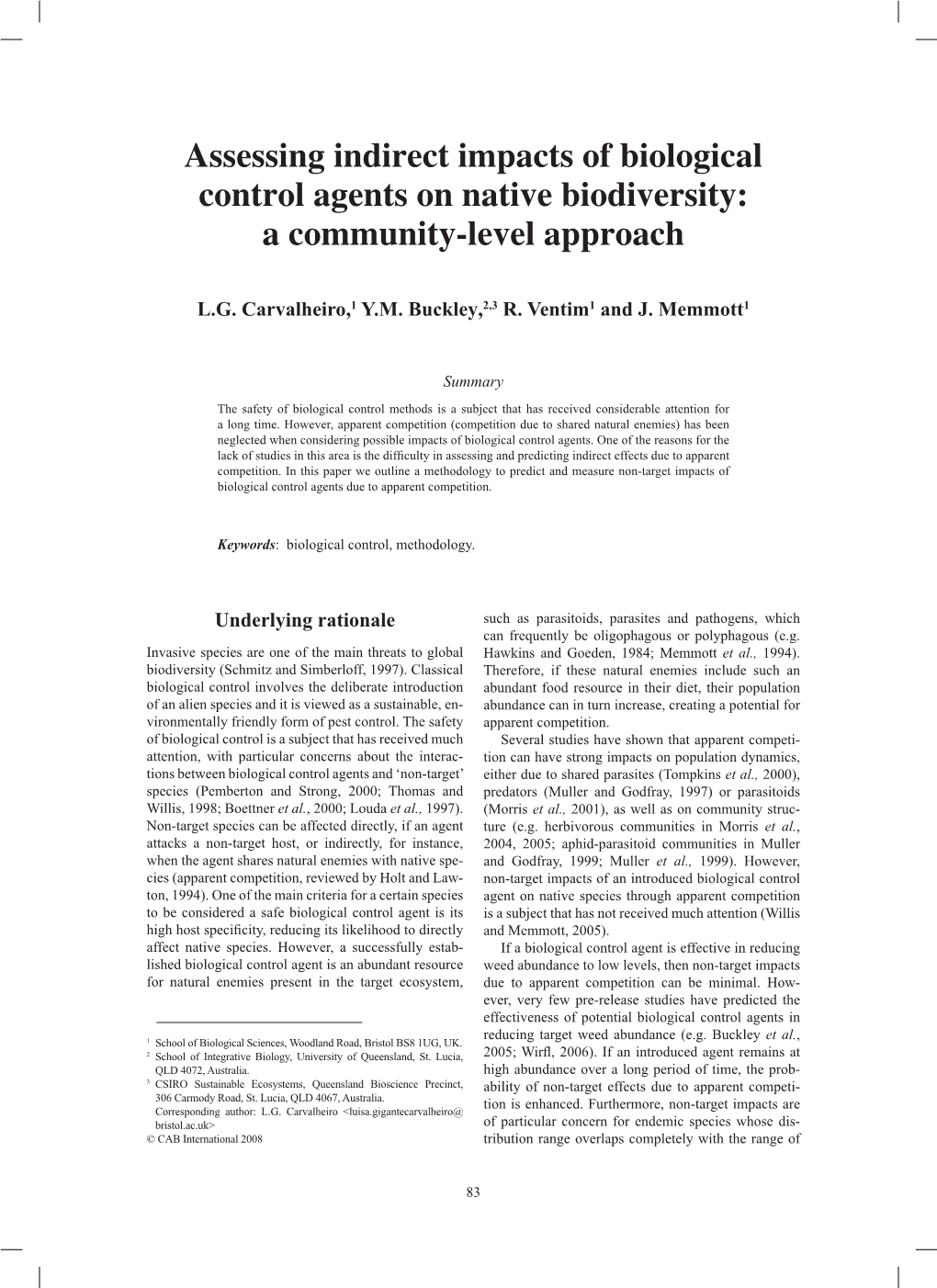 Assessing Indirect Impacts of Biological Control Agents on Native Biodiversity: a Community-Level Approach