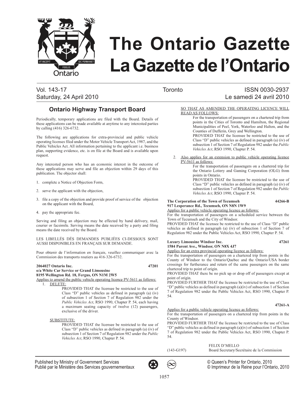 Ontario Gazette Volume 143 Issue 17, La Gazette De L'ontario Volume 143
