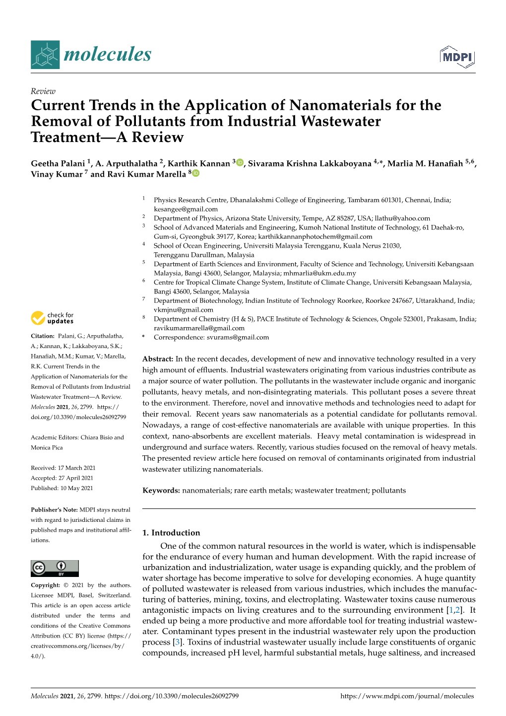 Current Trends in the Application of Nanomaterials for the Removal of Pollutants from Industrial Wastewater Treatment—A Review