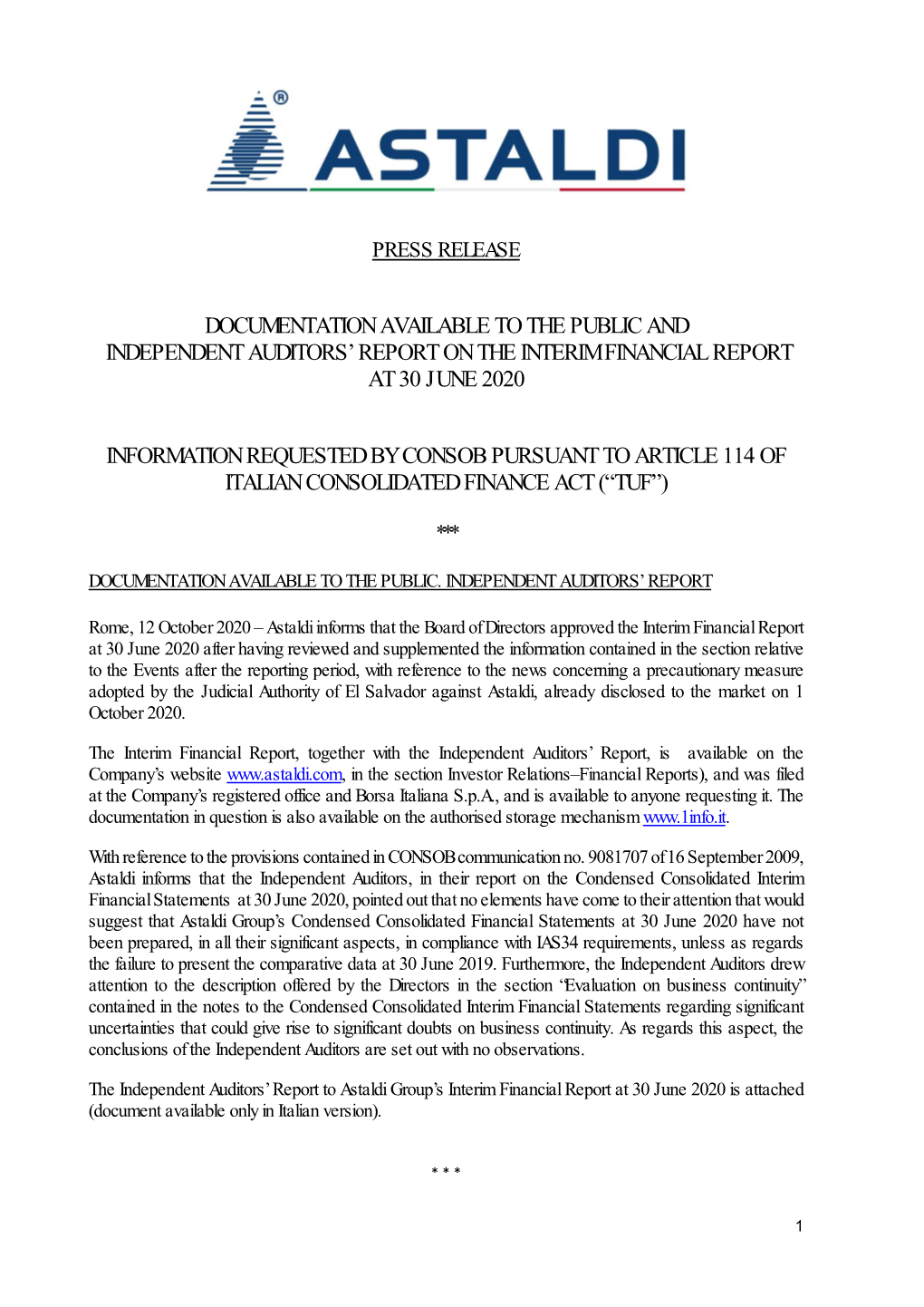 Documentation Available to the Public and Independent Auditors’ Report on the Interim Financial Report at 30 June 2020