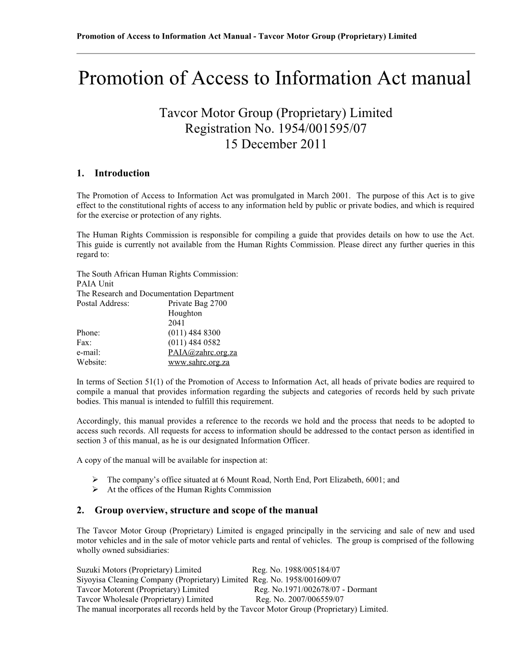 Promotion of Access to Information Act Manual