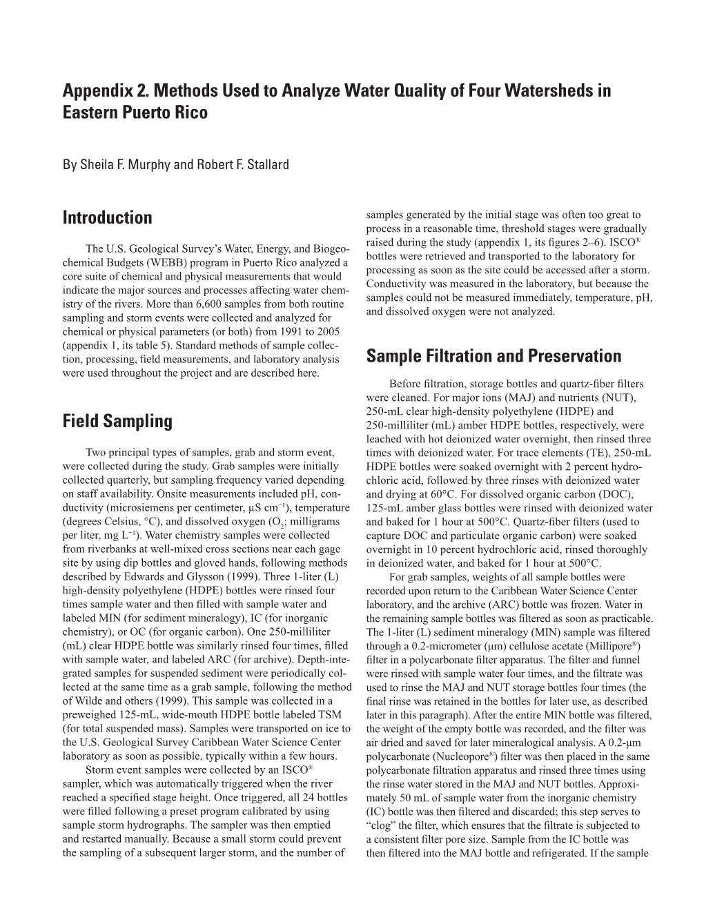 Appendix 2. Methods Used to Analyze Water Quality of Four Watersheds in Eastern Puerto Rico