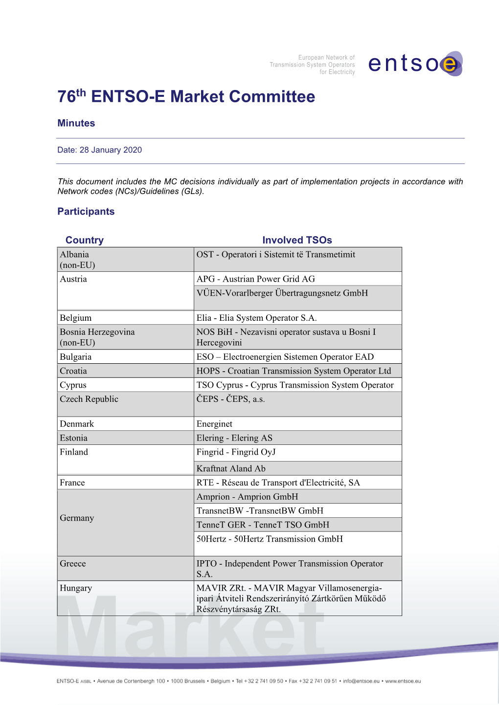 76Th ENTSO-E Market Committee