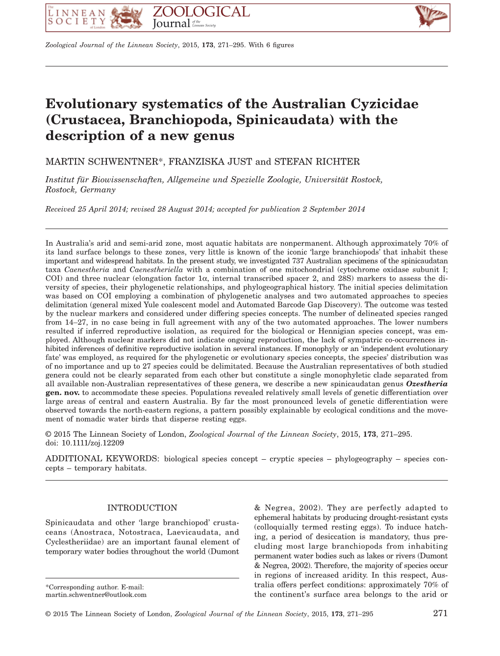 Evolutionary Systematics of the Australian Cyzicidae (Crustacea, Branchiopoda, Spinicaudata) with the Description of a New Genus