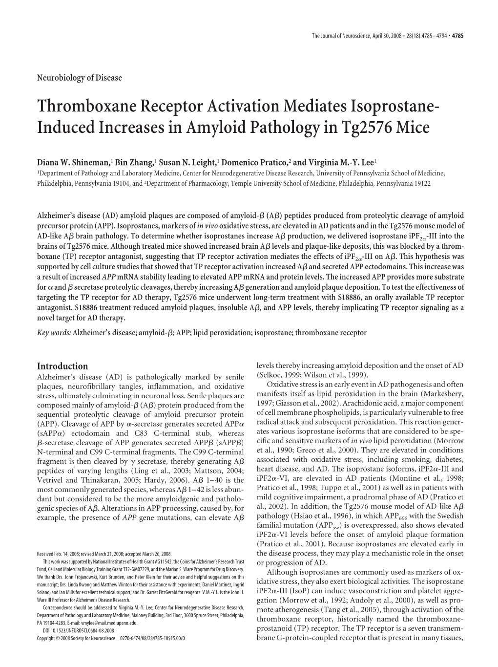 Thromboxane Receptor Activation Mediates Isoprostane- Induced Increases in Amyloid Pathology in Tg2576 Mice