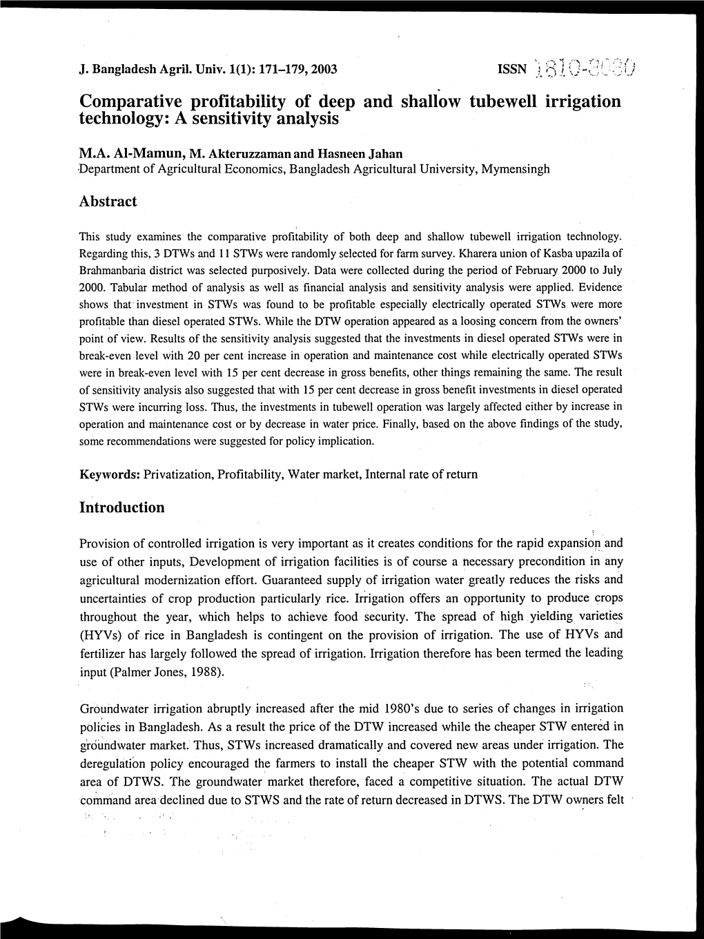 Comparative Profitability of Deep and Shallow Tubewell Irrigation Technology: a Sensitivity Analysis