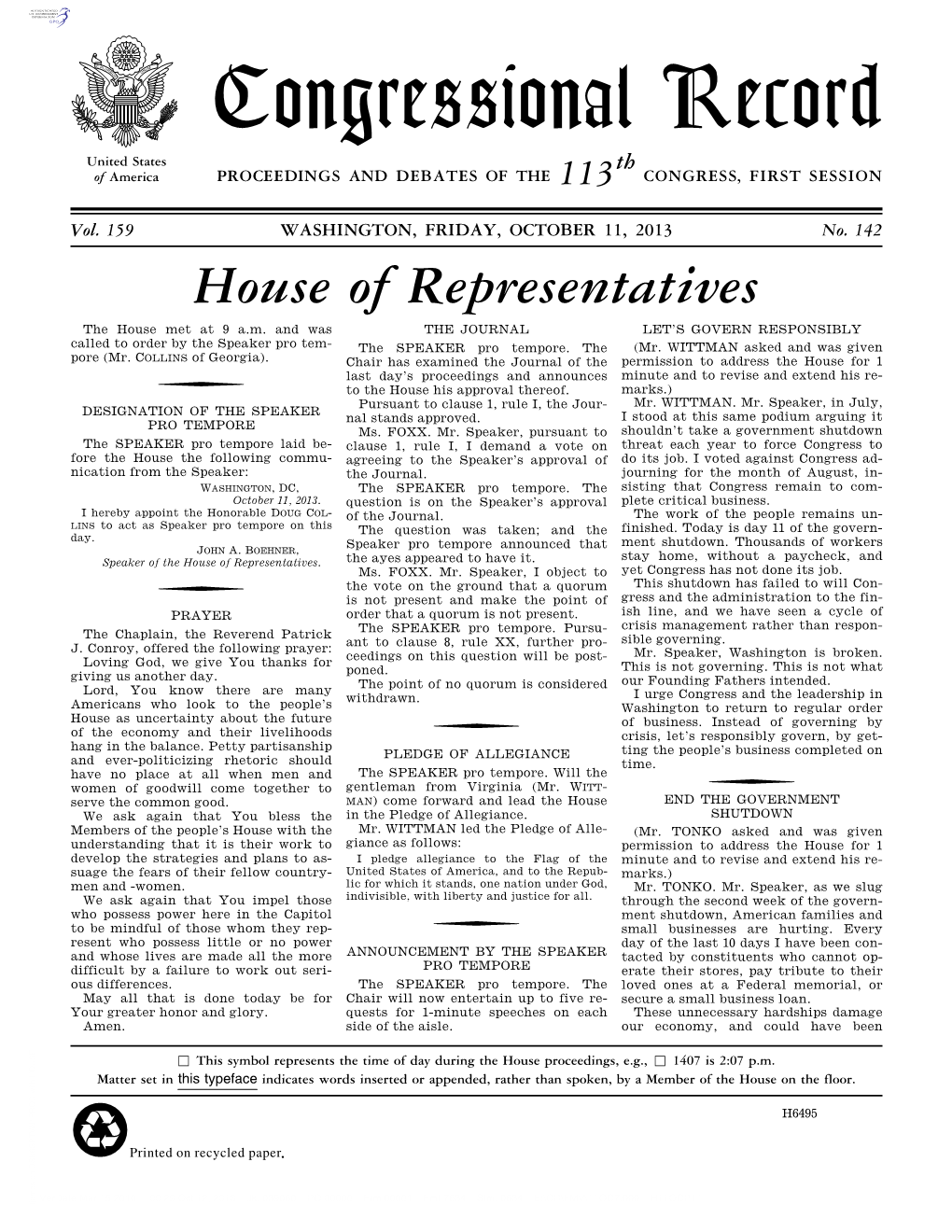 Congressional Record United States Th of America PROCEEDINGS and DEBATES of the 113 CONGRESS, FIRST SESSION