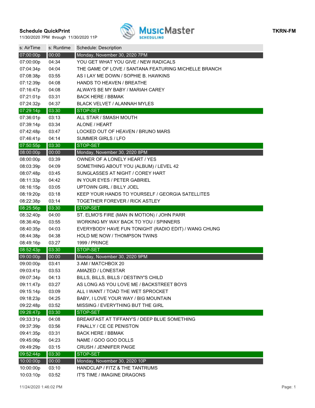 Schedule Quickprint TKRN-FM