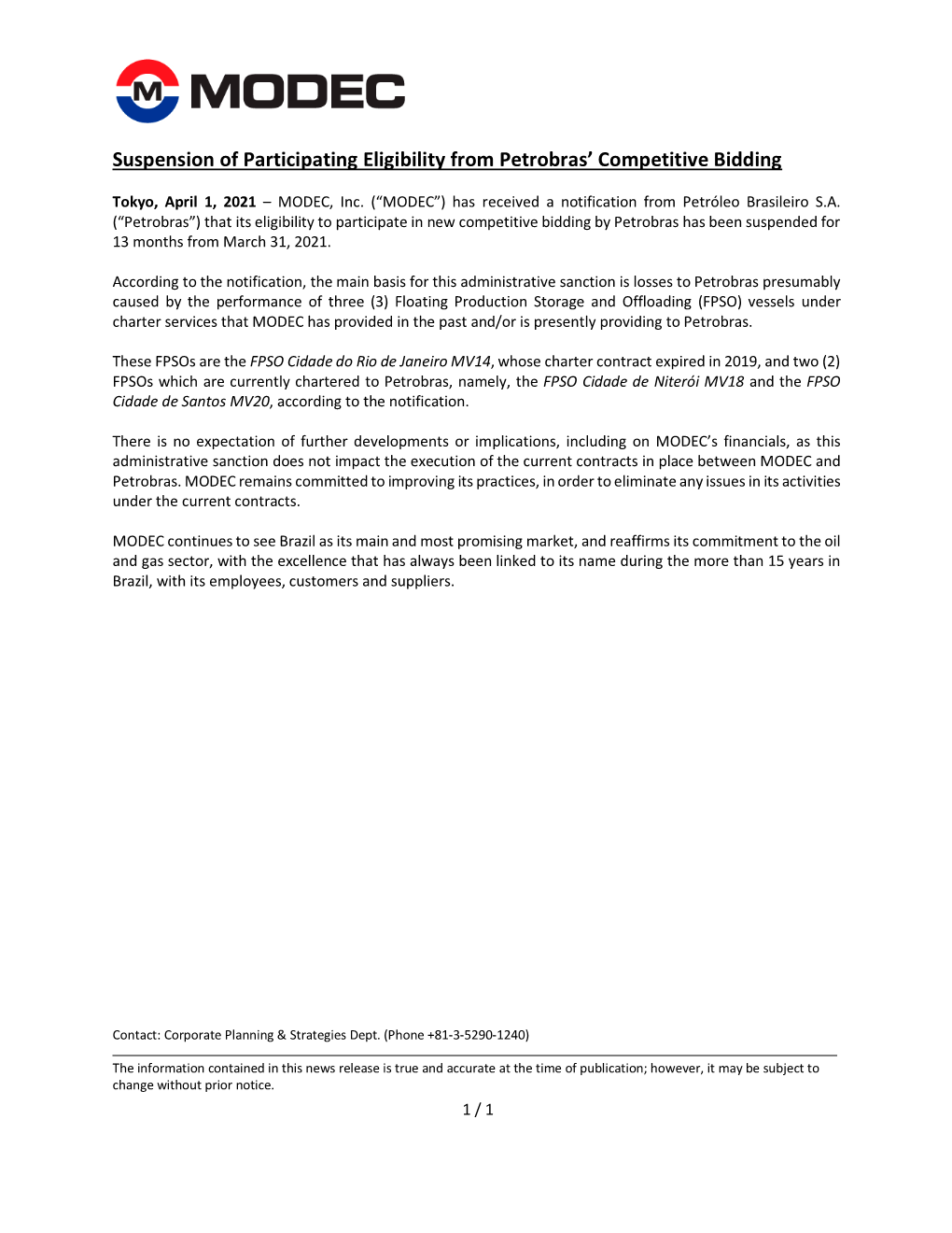 Suspension of Participating Eligibility from Petrobras’ Competitive Bidding