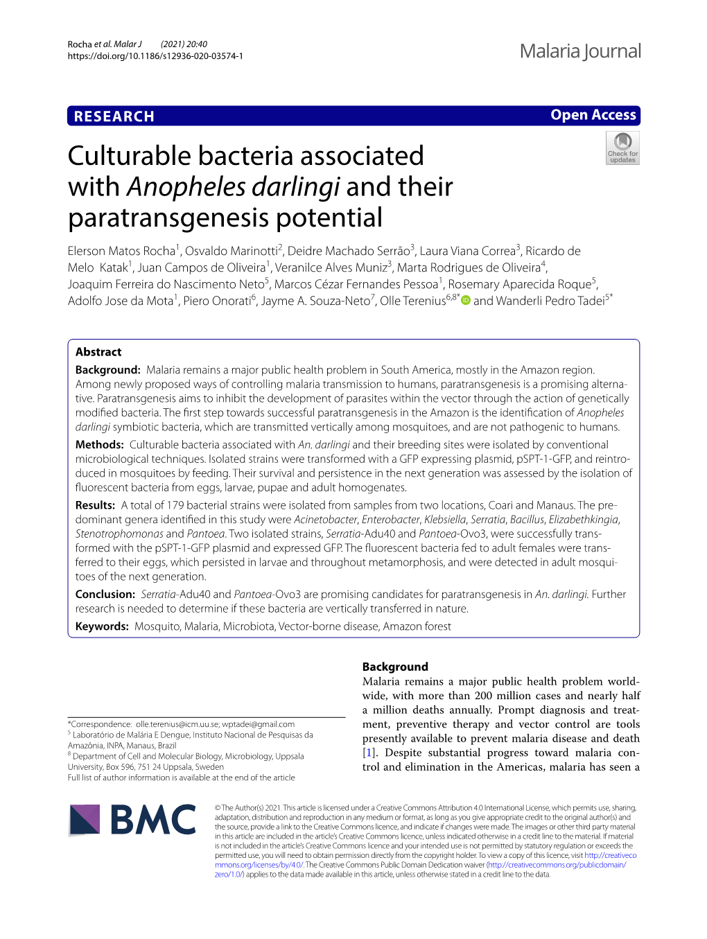 Culturable Bacteria Associated with Anopheles Darlingi and Their