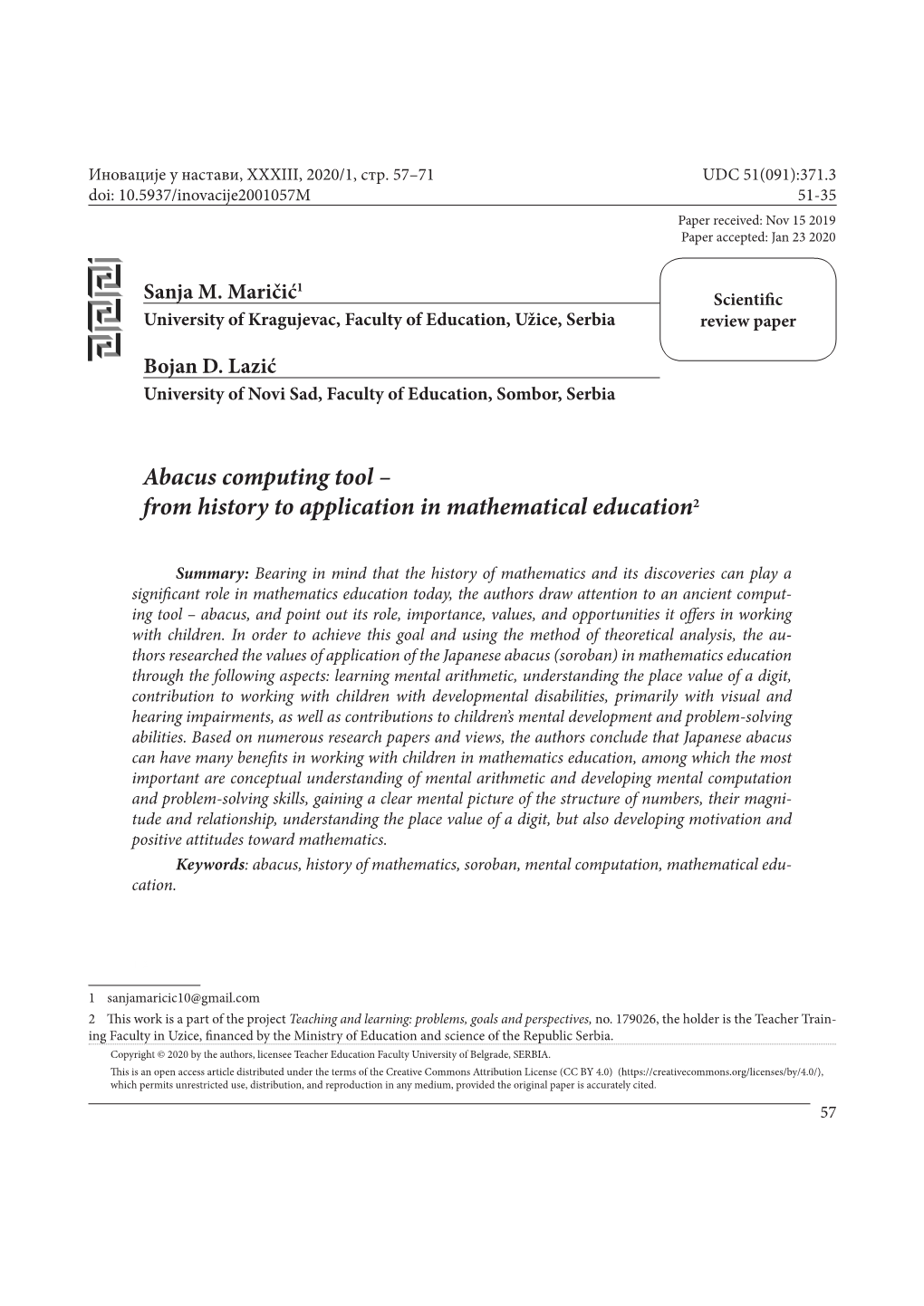 Abacus Computing Tool – from History to Application in Mathematical Education2