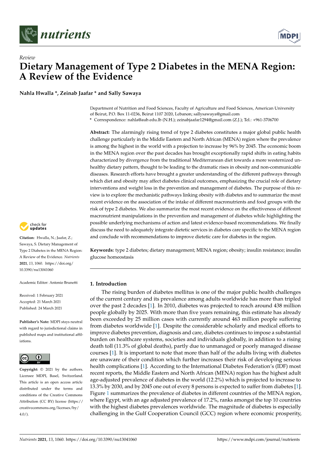 Dietary Management of Type 2 Diabetes in the MENA Region: a Review of the Evidence