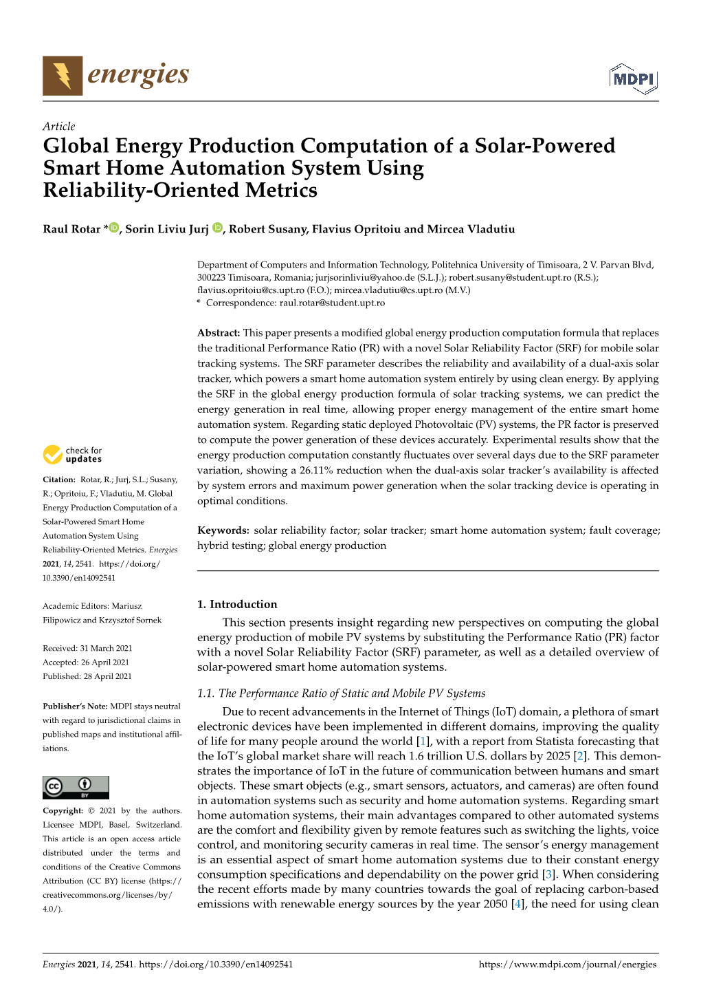 Global Energy Production Computation of a Solar-Powered Smart Home Automation System Using Reliability-Oriented Metrics