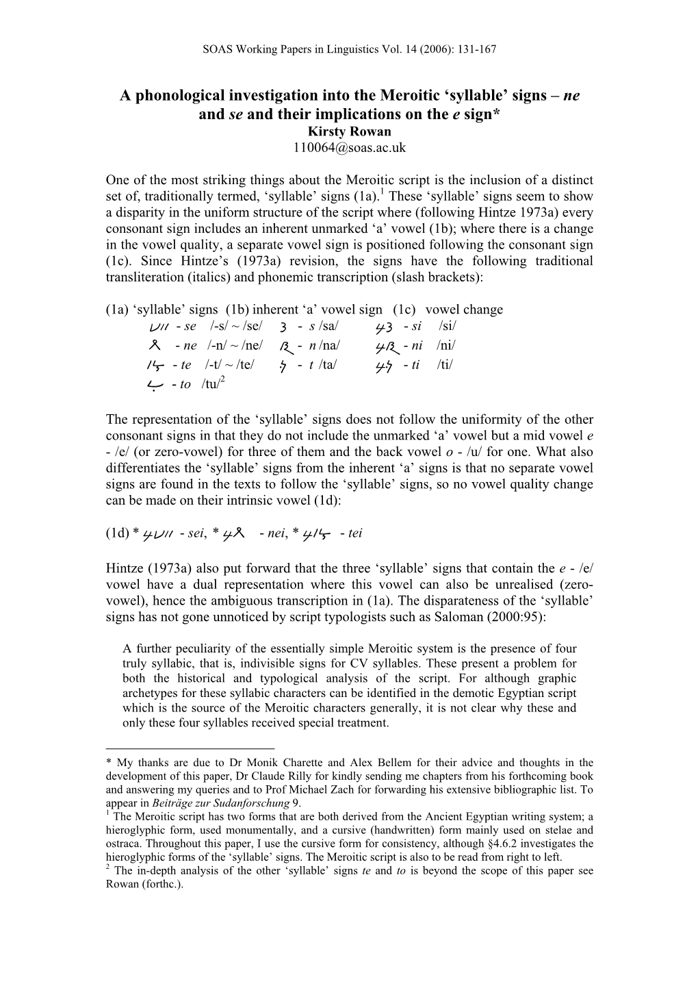 A Phonological Investigation Into the Meroitic 'Syllable' Signs – Ne and Se